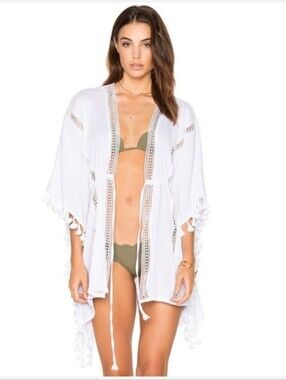 Michael Stars NWT White Tassels for All Ruana Honeymoon Caftan Cover Up One Size